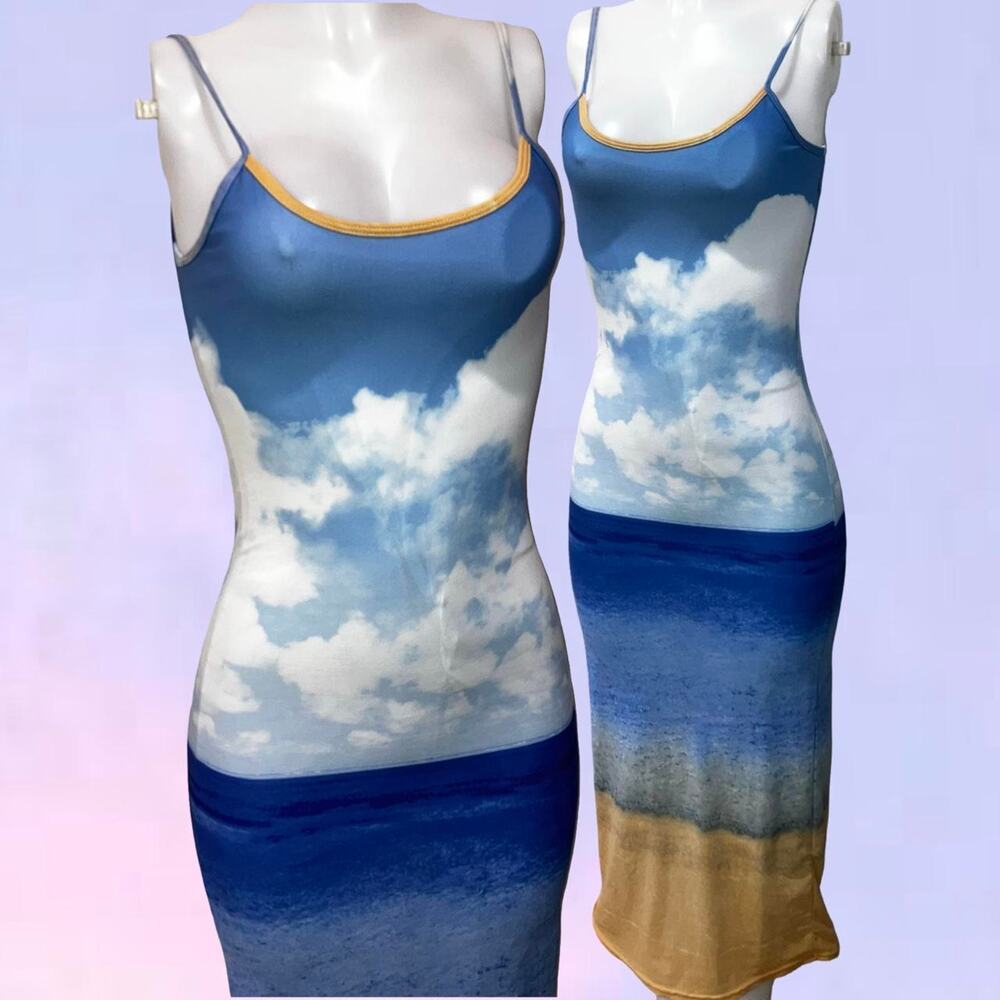 Vintage 90s y2k photorealistic cloud beach print maxi dress